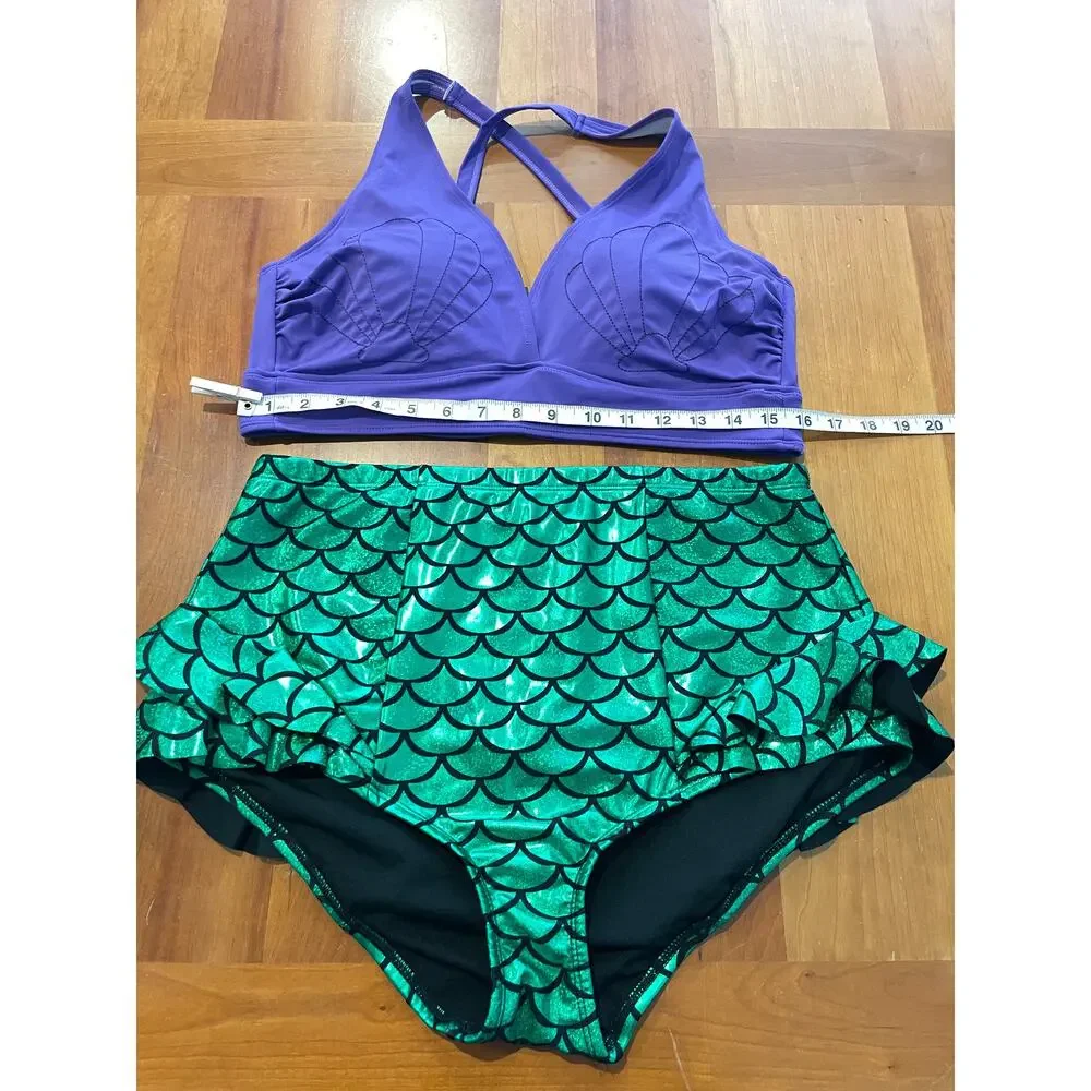 Disney Princess Ariel Bikini Set Purple Shell Top Green Scale High Waisted Sz 1x - Picture 11 of 14